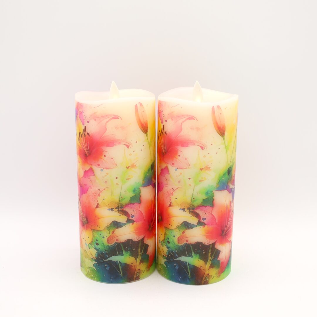 Tall Colorful Lily Floral Flameless Candle