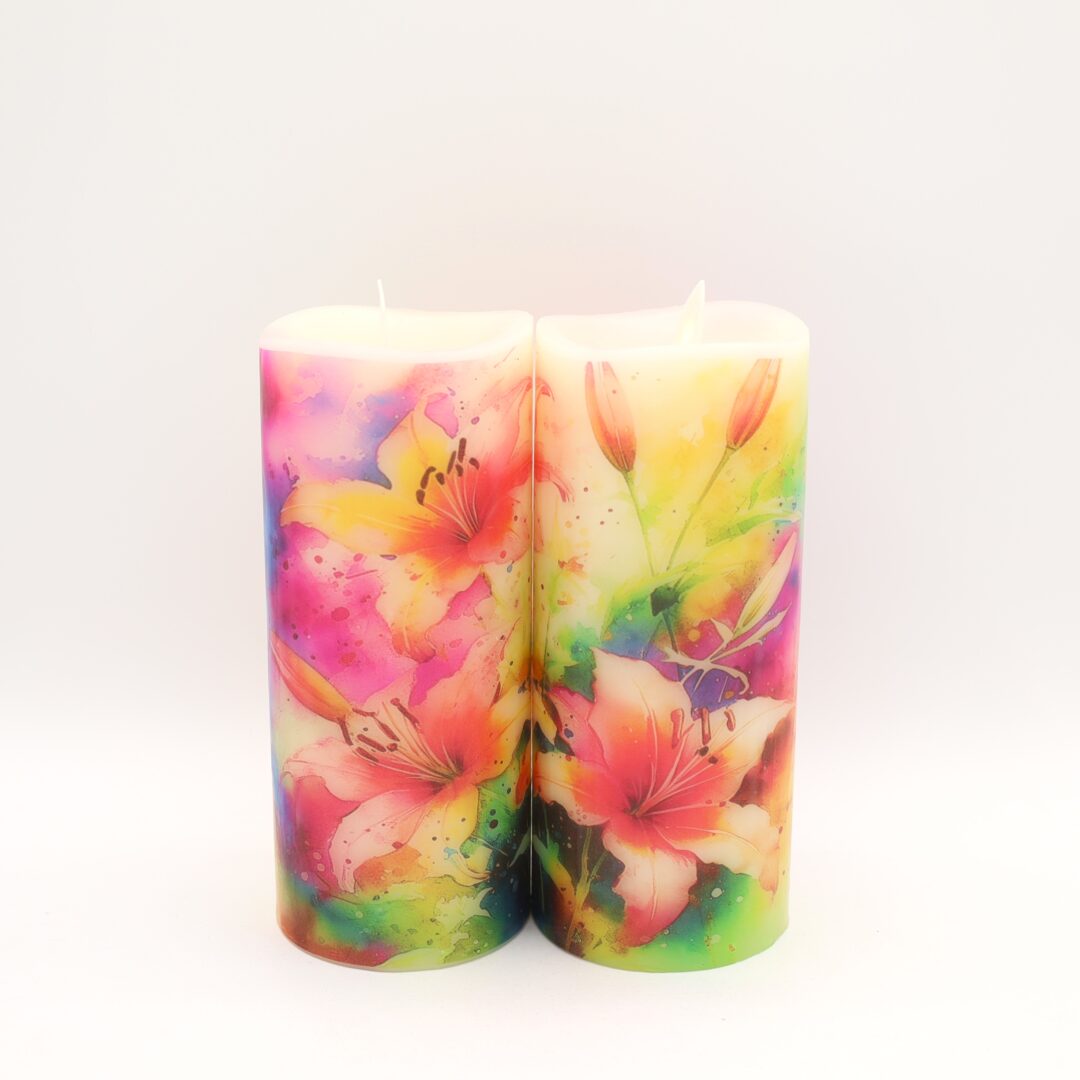 Tall Colorful Lily Floral Flameless Candle - Image 2